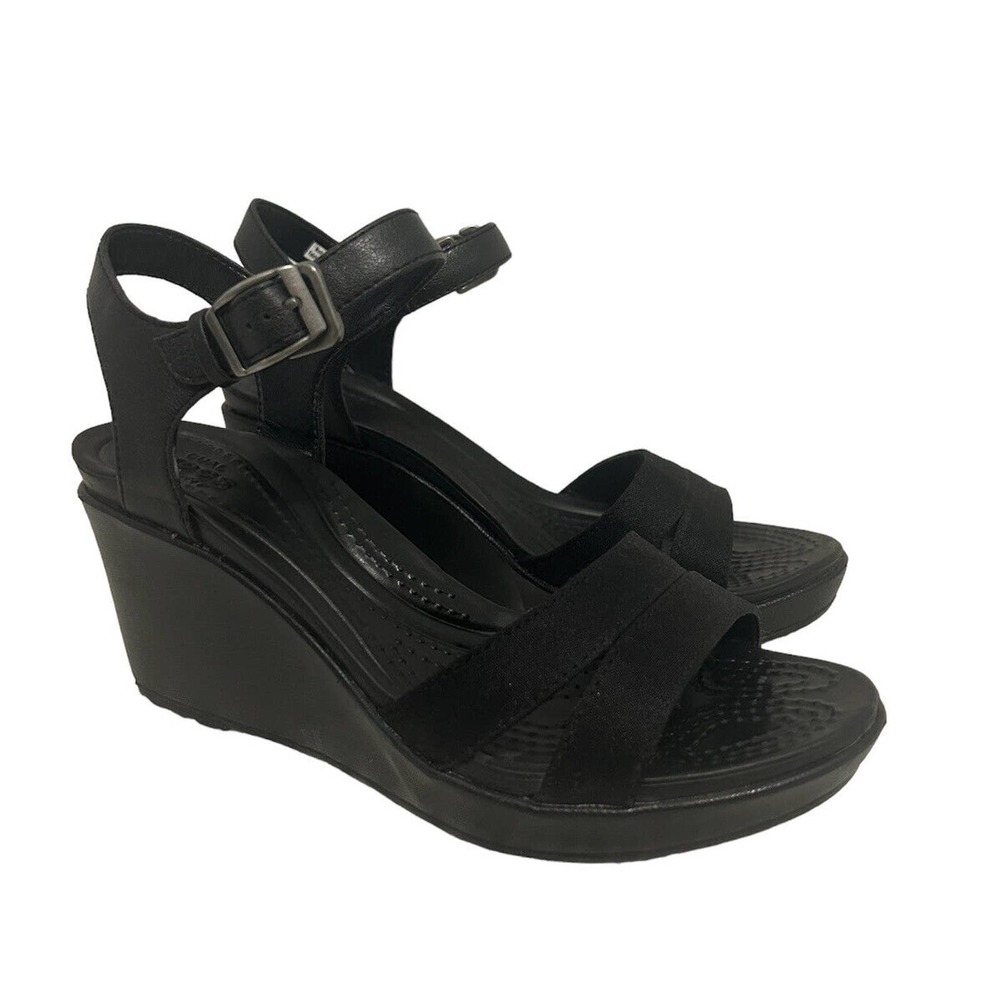 Crocs Leigh Womens Size W 7 Ankle Cross Strap Wedge Sandals Black Canvas